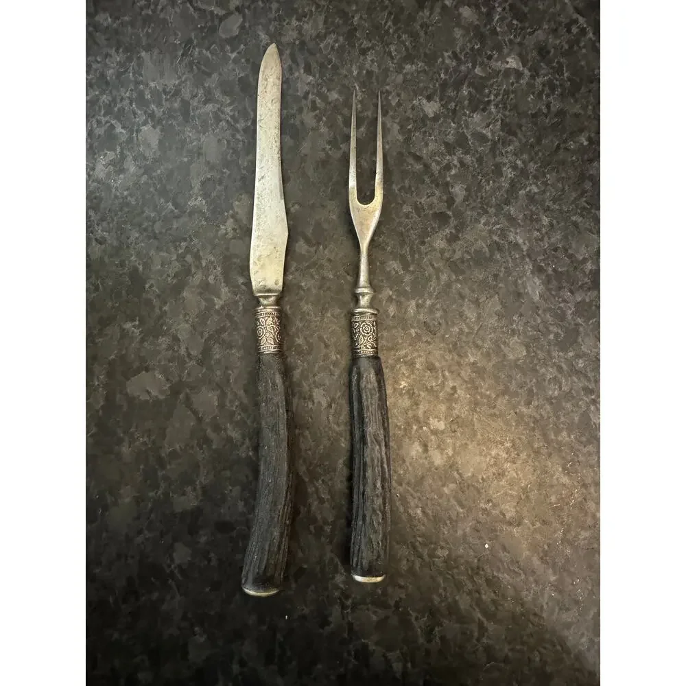 Antique Stag Handle Carving Knife & Fork Set Silver Ferrule Victorian Era